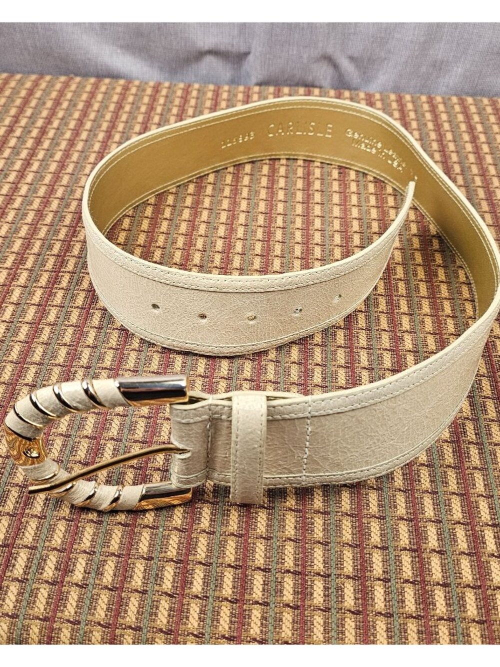 Carlisle Beige Leather Belt With Gold-Tone Buckle XS Made In USA Vintage Style